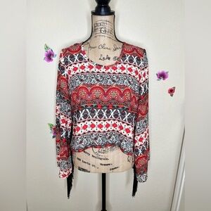 See You Monday Bell Sleeve Multi Print Fringe Top with Split Open Back Size S